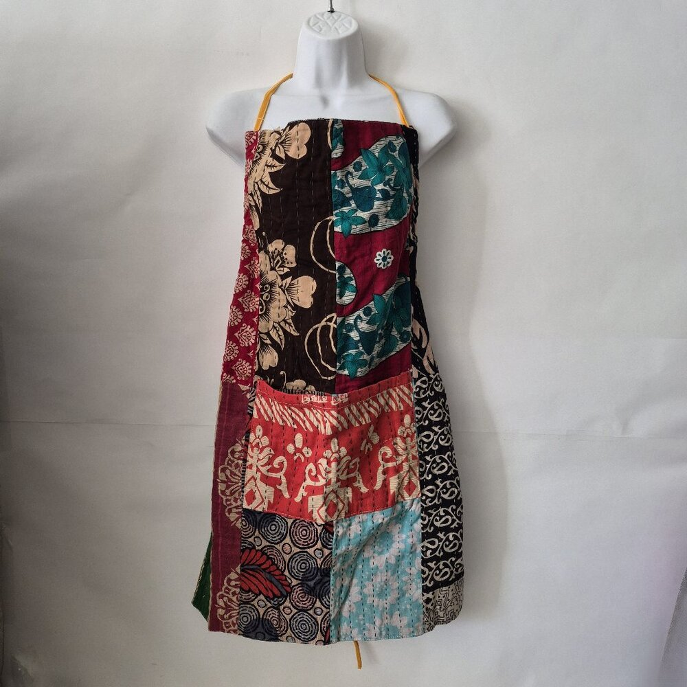 Serrv Handmade Cotton Sari Patchwork Apron Orange Black Burgundy Beige Pocket